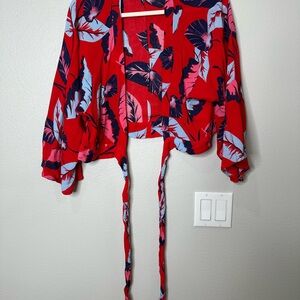 Express Red and Blue Floral Wrap Top